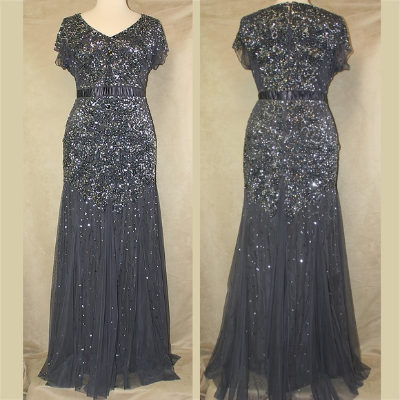 Adrianna Papell Gray Sequin & Beaded Gown New